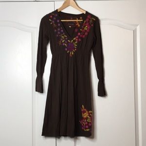 JWLA/Johnny Was Brown Cotton Floral Emb LS Dress